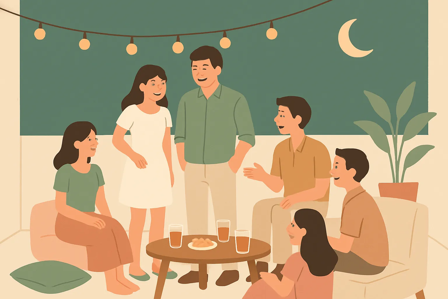 Ilustrasi after party pernikahan: sekelompok teman dekat berkumpul santai di rooftop malam hari dengan lampu gantung, meja bundar kecil, dan pengantin yang sudah berganti baju