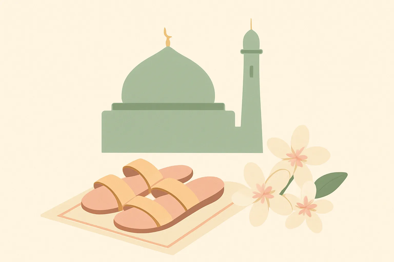 Ilustrasi akad nikah di masjid: siluet masjid dengan satu kubah, sepasang sandal tertata rapi, dan bunga kamboja