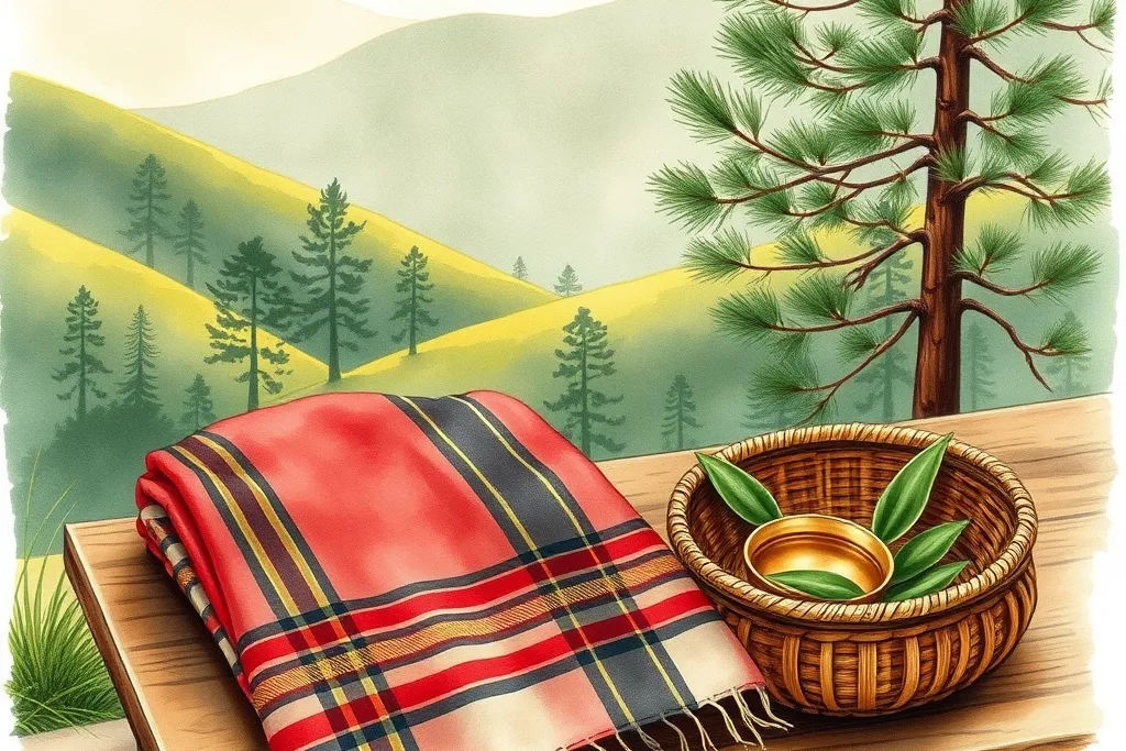 Ilustrasi kain tenun bergaris merah, hitam, dan emas yang terlipat di atas meja kayu, di samping keranjang anyaman berisi daun sirih dan mangkuk kuningan kecil, dengan latar perbukitan hijau dan pohon pinus