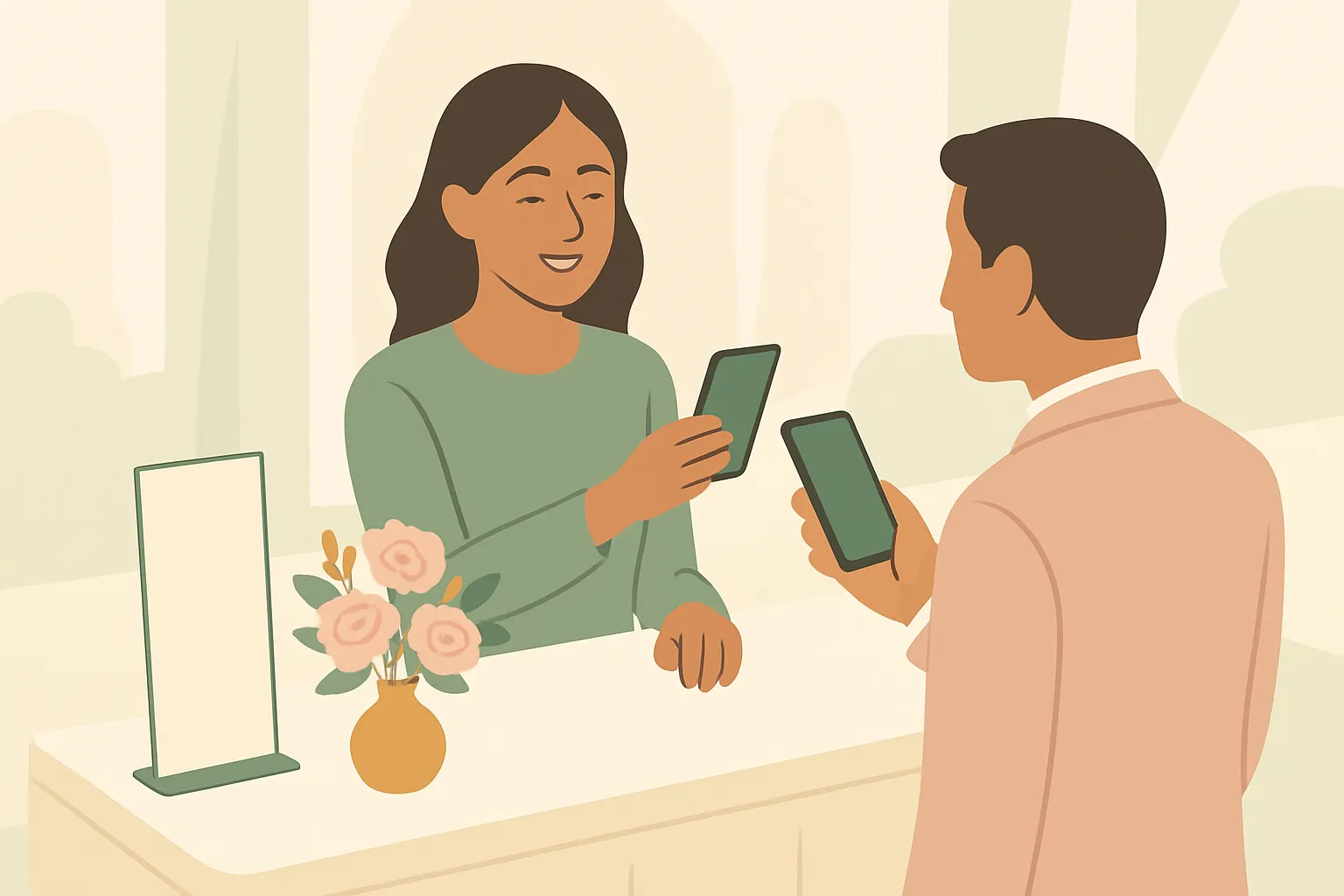 Ilustrasi meja penerima tamu dengan buku tamu digital dan QR check-in
