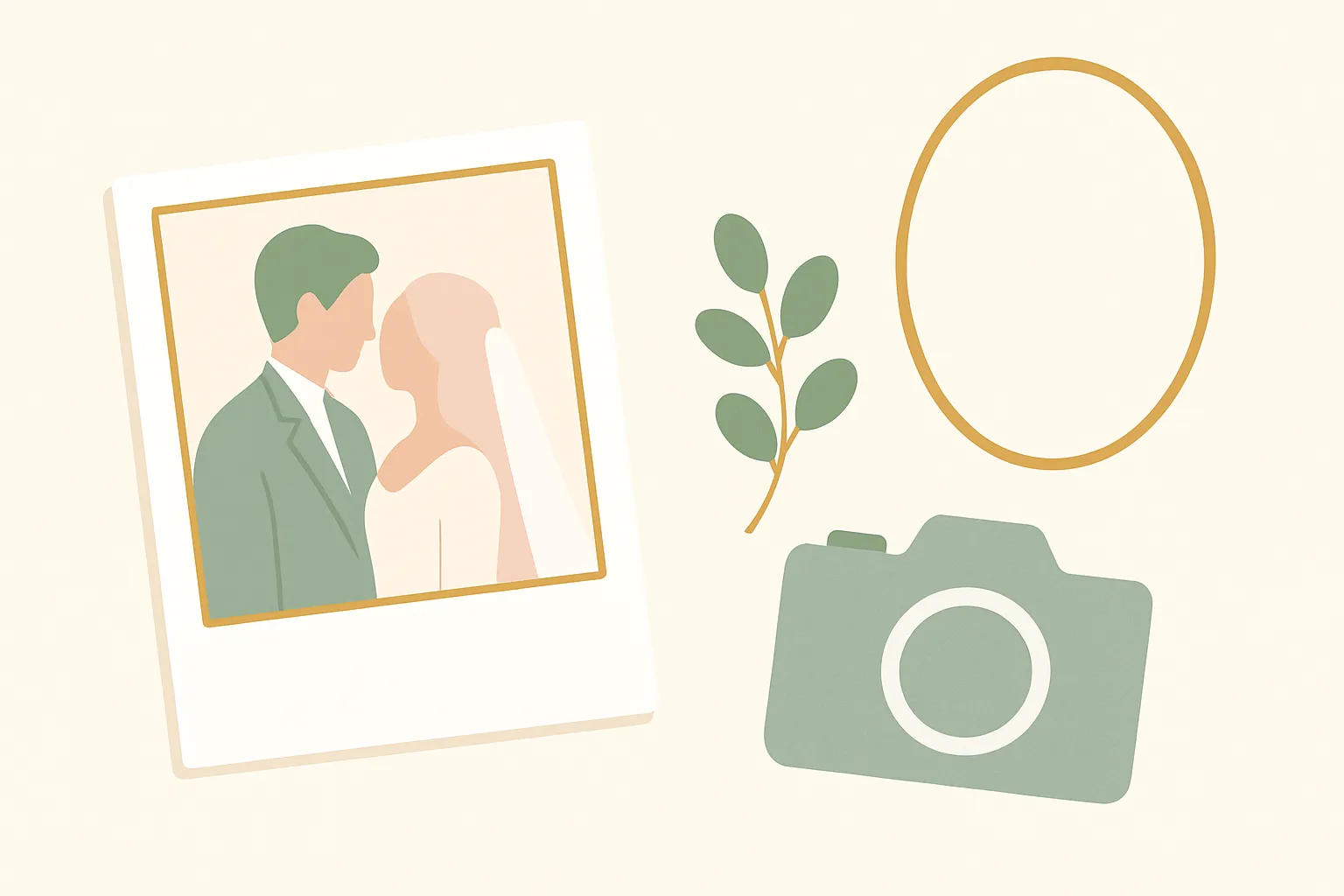 Ilustrasi cetakan foto pernikahan, kamera, dan bingkai kosong dengan warna pastel lembut
