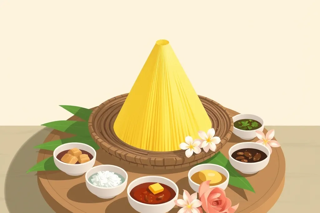Tumpeng nasi kuning di atas tampah anyaman, dikelilingi lauk dan bunga