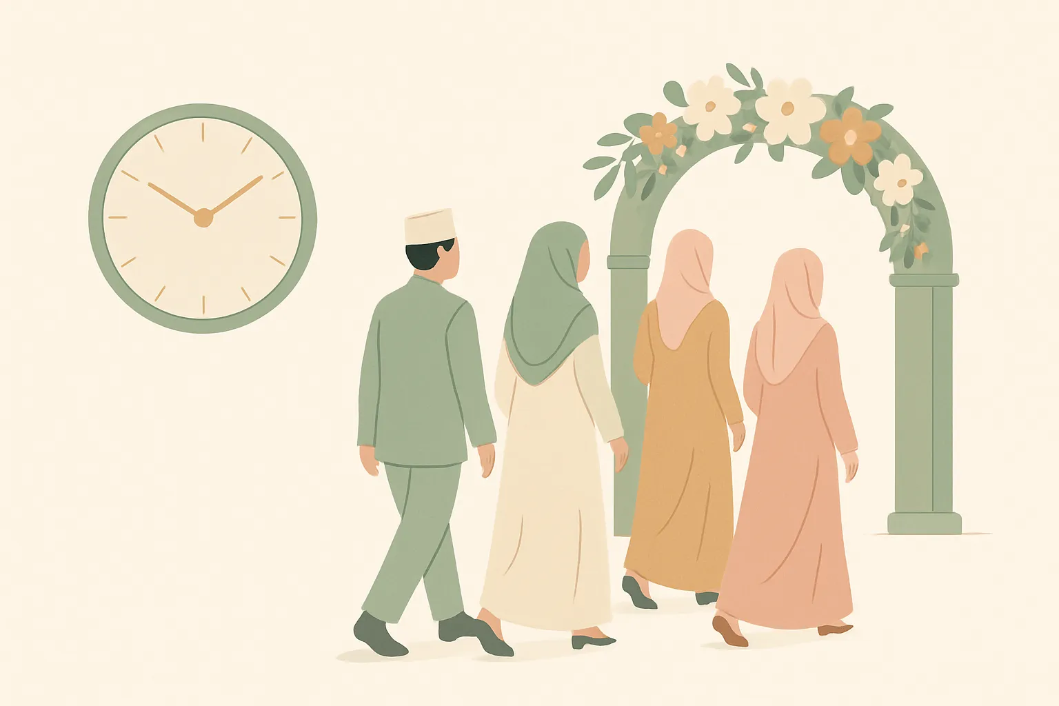 Ilustrasi jam dinding dan tamu kondangan berjalan menuju gerbang bunga resepsi pernikahan