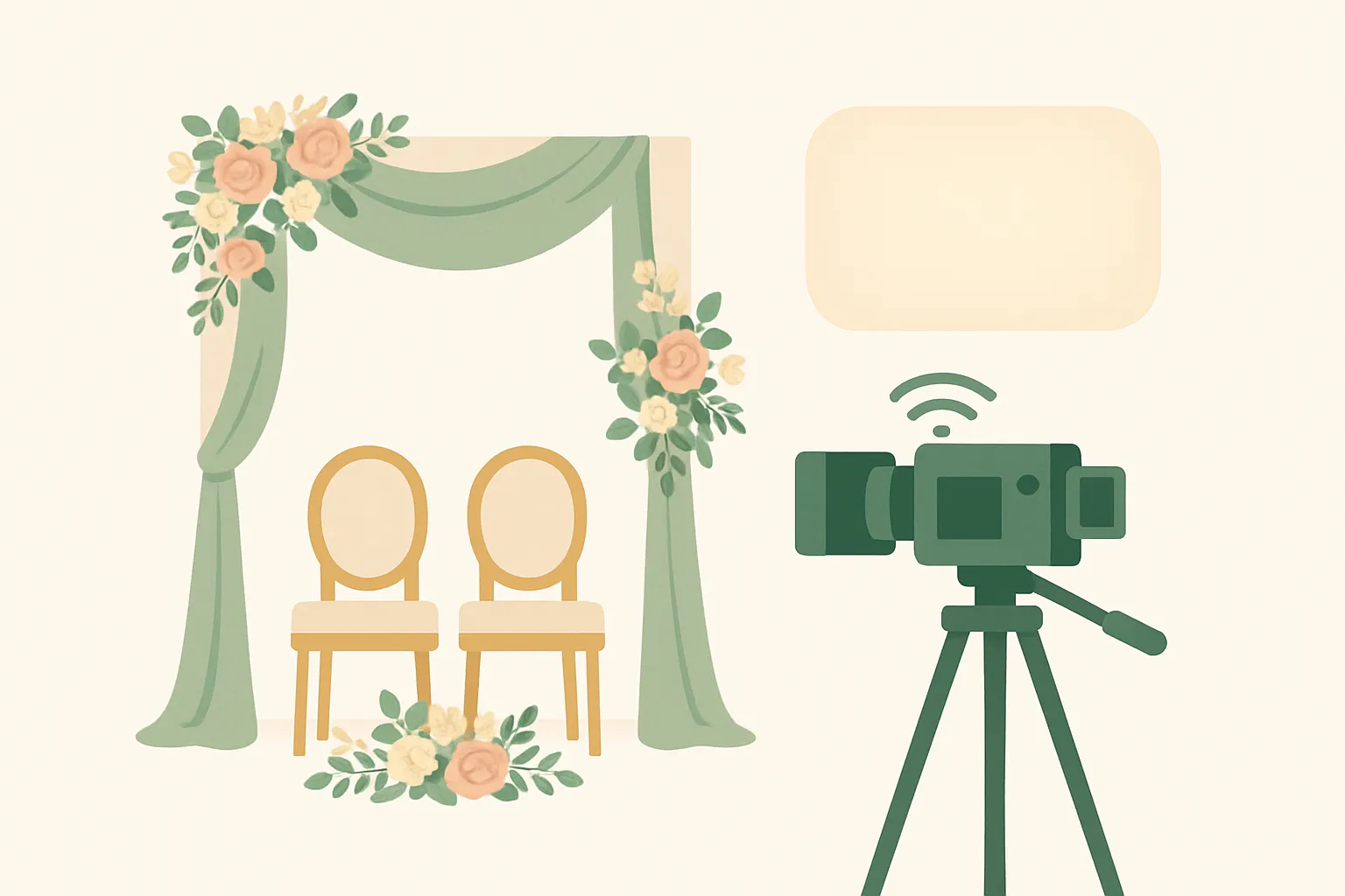 Ilustrasi live streaming pernikahan: kamera video di atas tripod menghadap pelaminan berhias bunga dengan dua kursi kosong