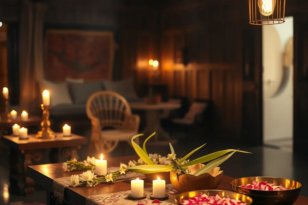 Suasana malam midodareni di rumah joglo dengan lilin, rangkaian melati, dan janur