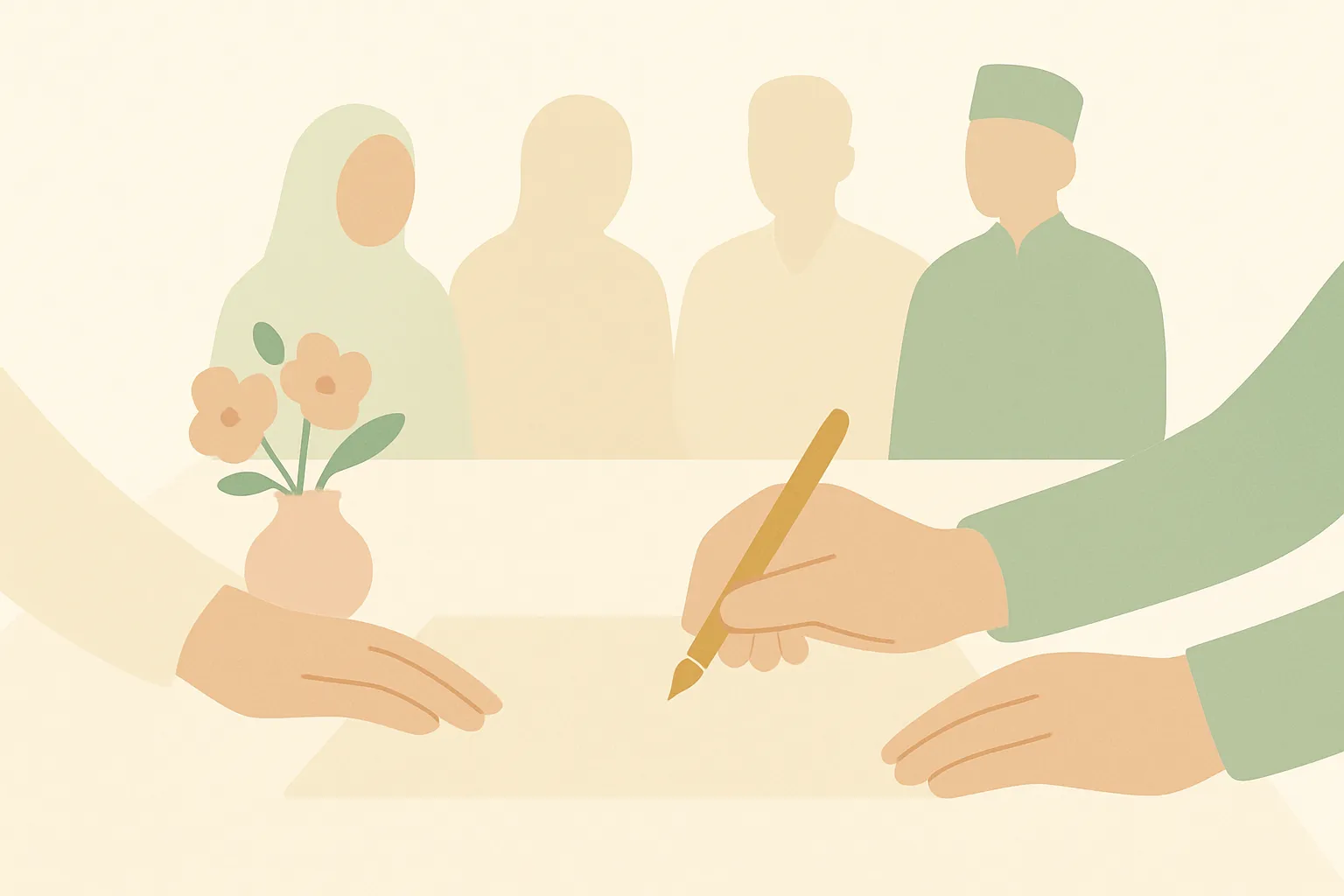 Ilustrasi akad nikah tanpa resepsi: penandatanganan dokumen di meja rendah dengan satu vas bunga kecil dan beberapa anggota keluarga inti duduk berdekatan