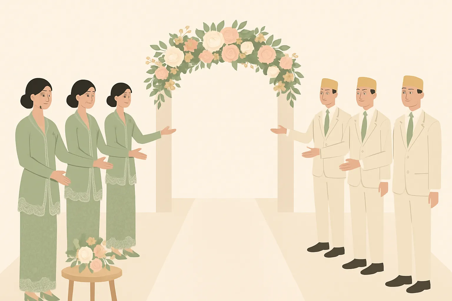 Ilustrasi barisan pendamping pengantin menyambut tamu di pintu masuk resepsi