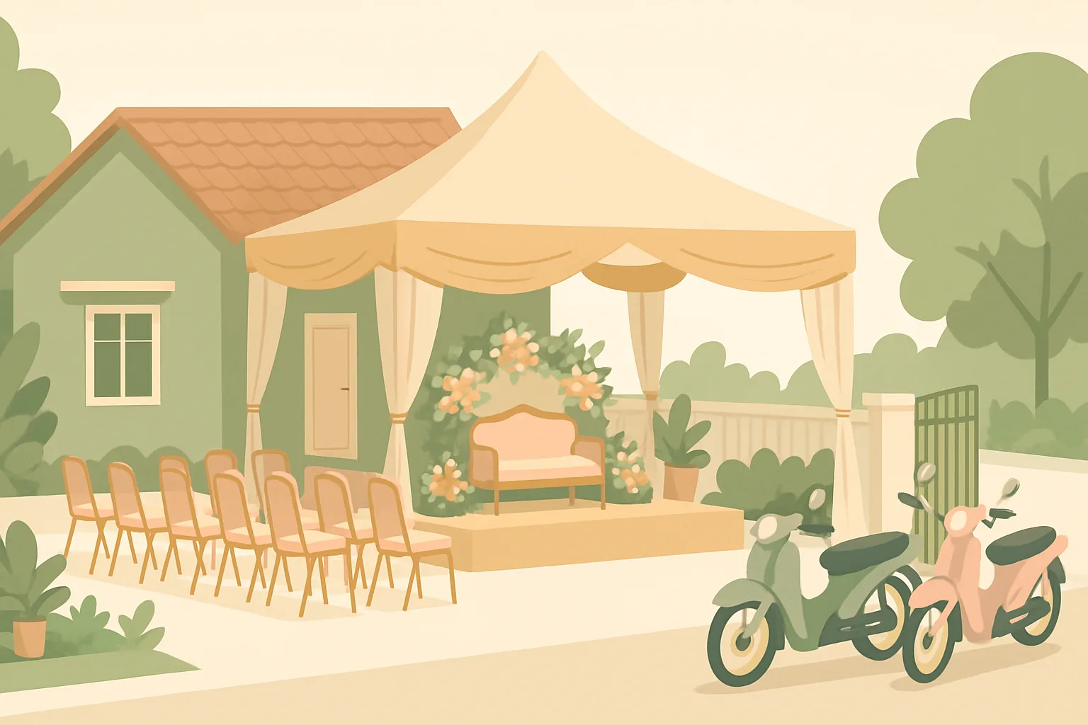 Ilustrasi halaman rumah yang disiapkan untuk acara pernikahan dengan tenda, deretan kursi, pelaminan kecil berhias bunga, dan motor terparkir rapi di dekat pagar