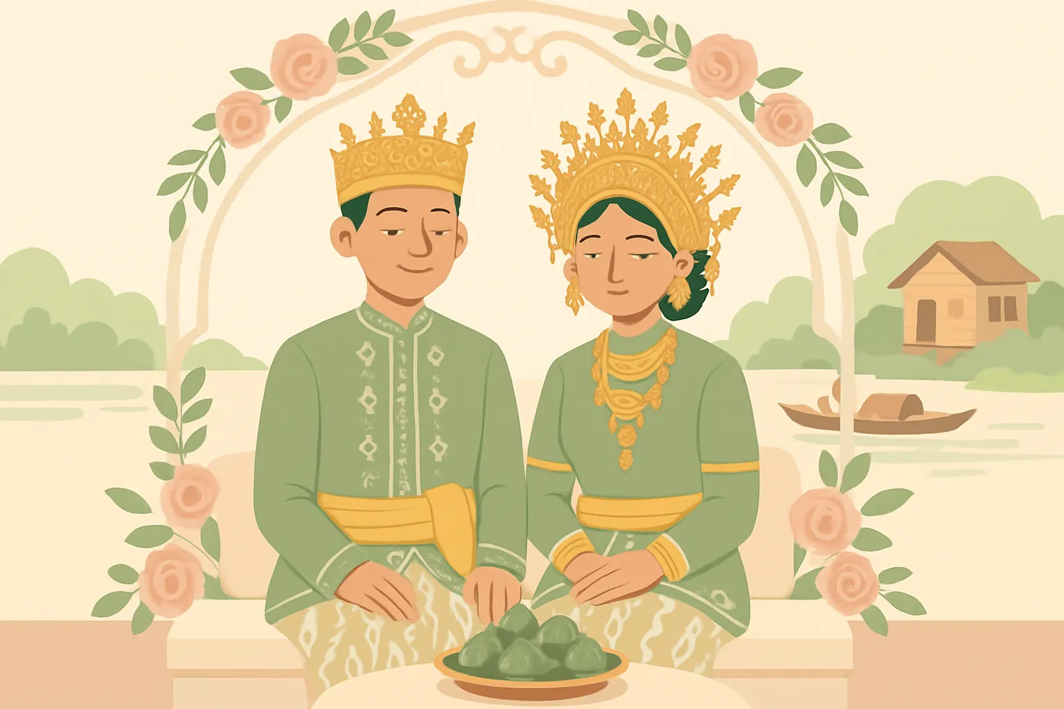 Ilustrasi pengantin adat Banjar berbusana hijau dengan mahkota emas duduk bersanding di bawah gapura bunga, dengan piring kue apam hijau di depan dan latar sungai serta rumah kayu Kalimantan Selatan