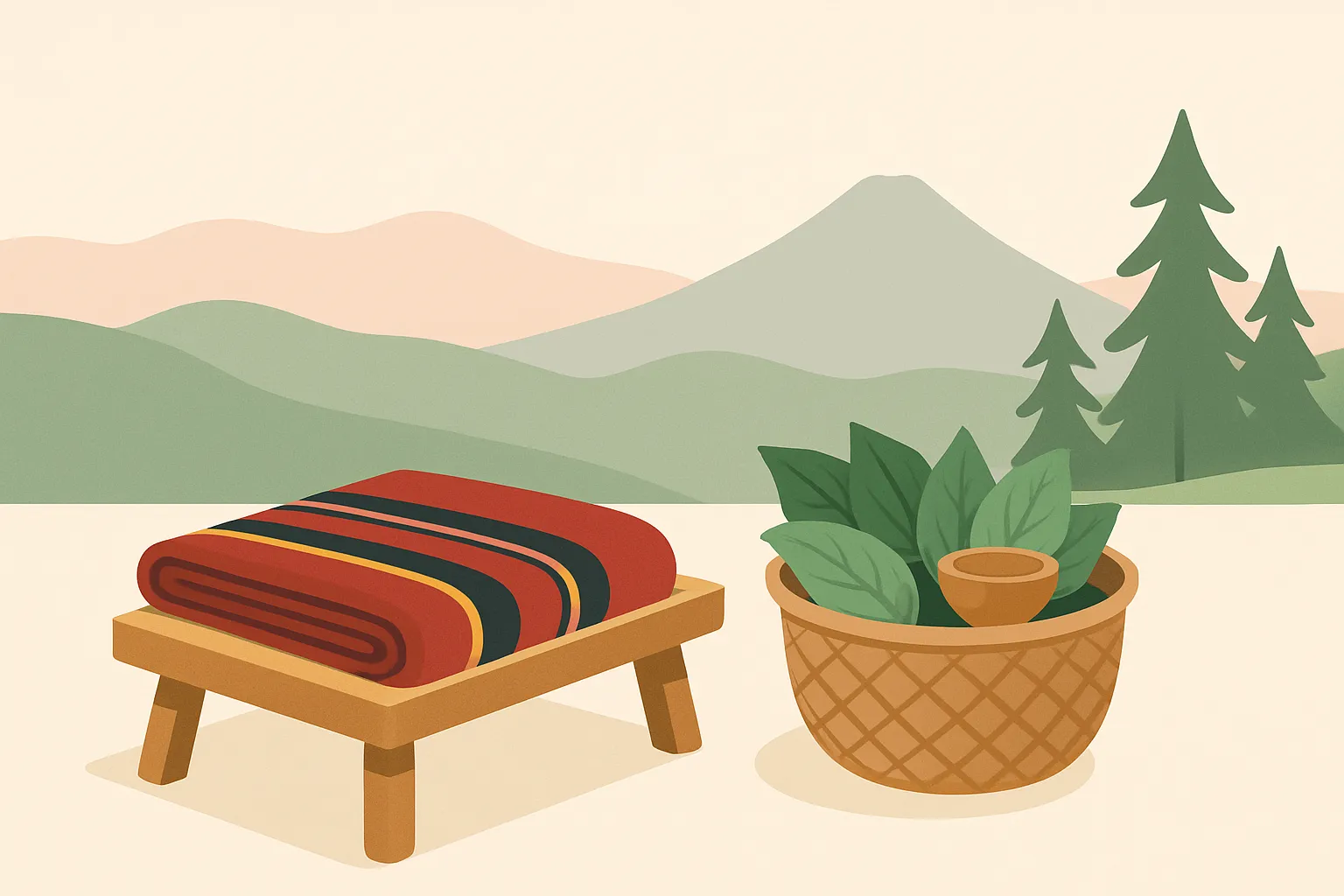 Ilustrasi kain tenun bergaris merah, hitam, dan emas yang terlipat di atas bangku kayu rendah, di samping keranjang anyaman berisi daun sirih dan mangkuk kecil, dengan latar perbukitan hijau, gunung, dan pohon pinus