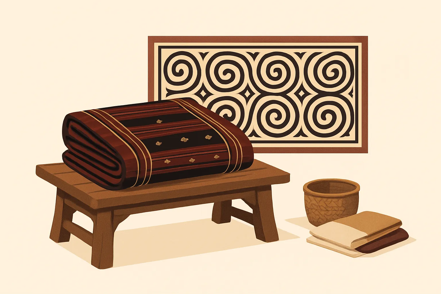 Ilustrasi kain ulos bergaris merah marun, hitam, dan emas yang terlipat di atas bangku kayu, dengan panel bermotif ukiran gorga spiral di belakangnya serta keranjang anyaman dan kain terlipat di sampingnya