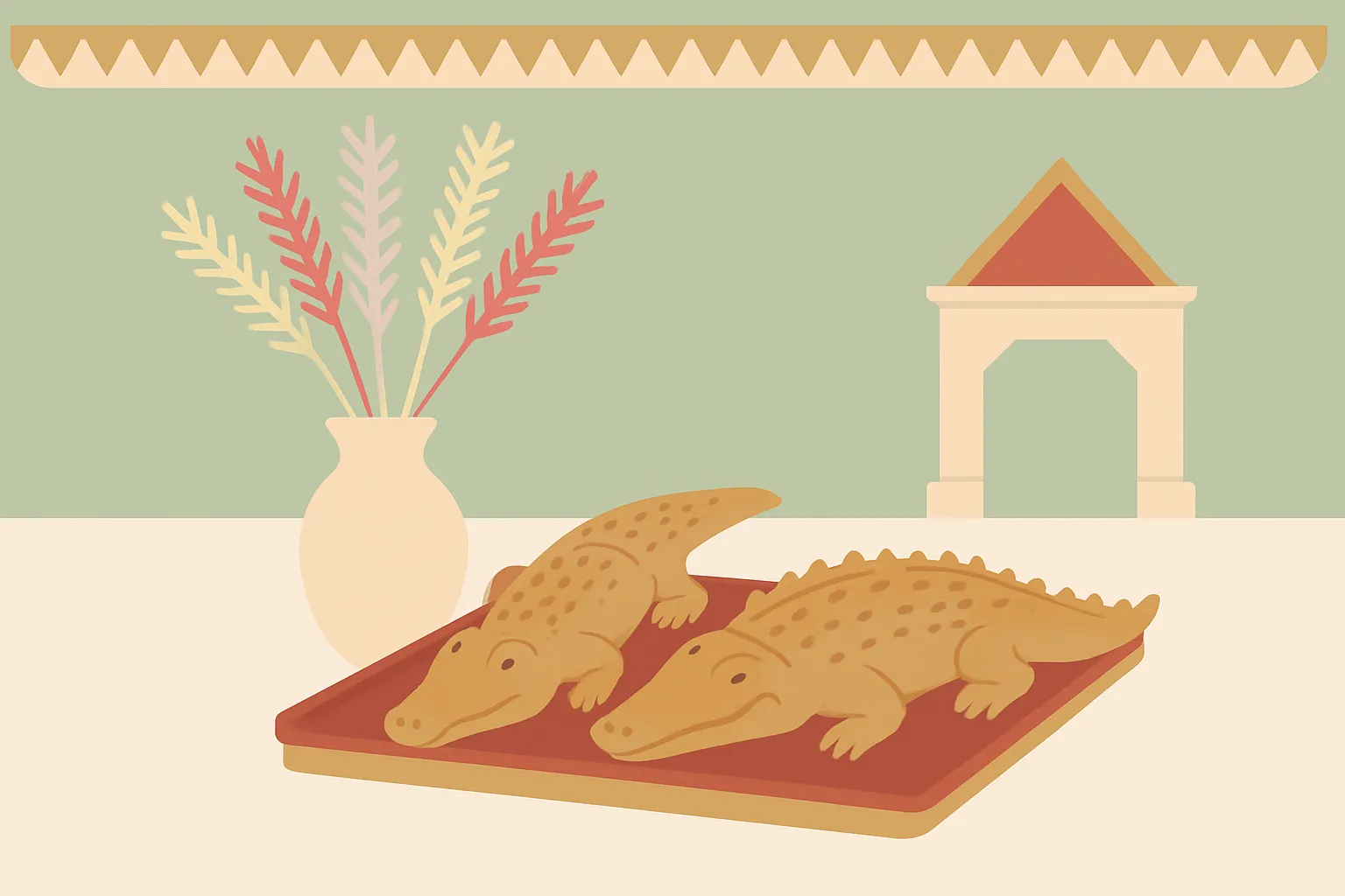 Ilustrasi sepasang roti buaya di atas nampan, vas berisi kembang kelapa, dan hiasan gigi balang untuk pernikahan adat Betawi