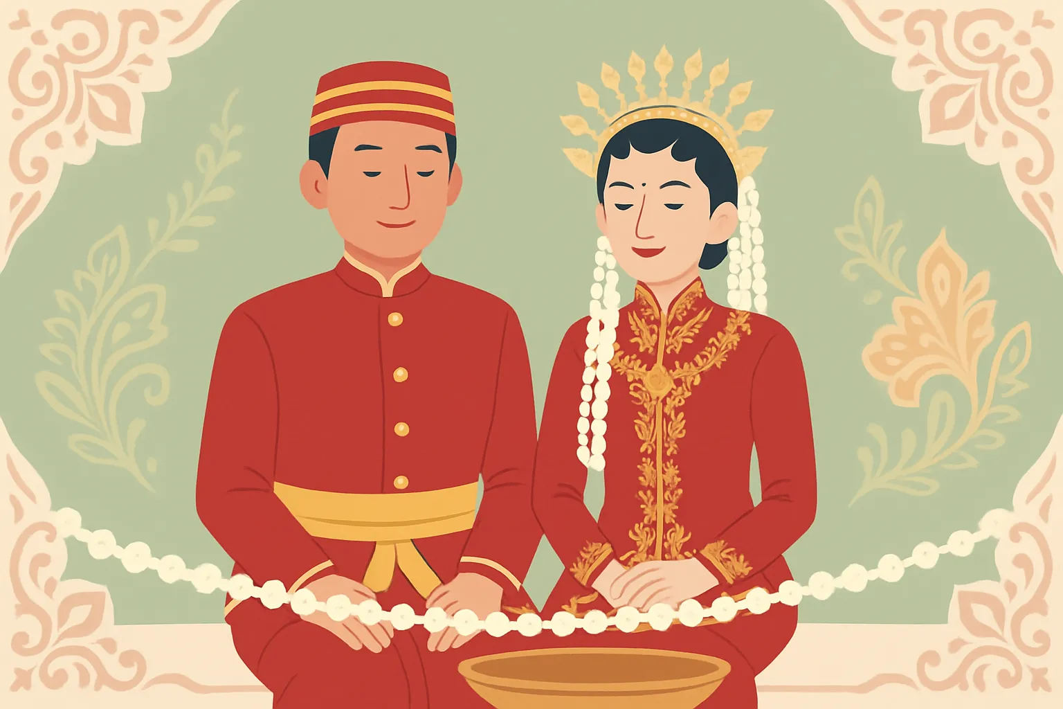 Ilustrasi pengantin adat Madura berbusana merah dengan sulaman emas, mempelai wanita bermahkota emas dan untaian melati, duduk bersanding di balik bentangan untaian melati dengan dulang di depan mereka