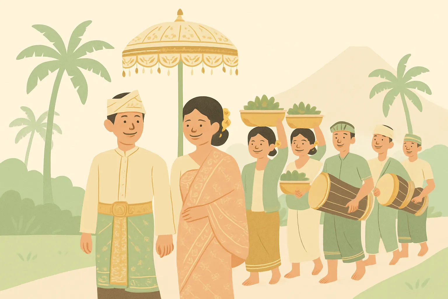 Ilustrasi arak-arakan pengantin adat Sasak berjalan di jalan kampung Lombok diiringi keluarga dan penabuh gendang