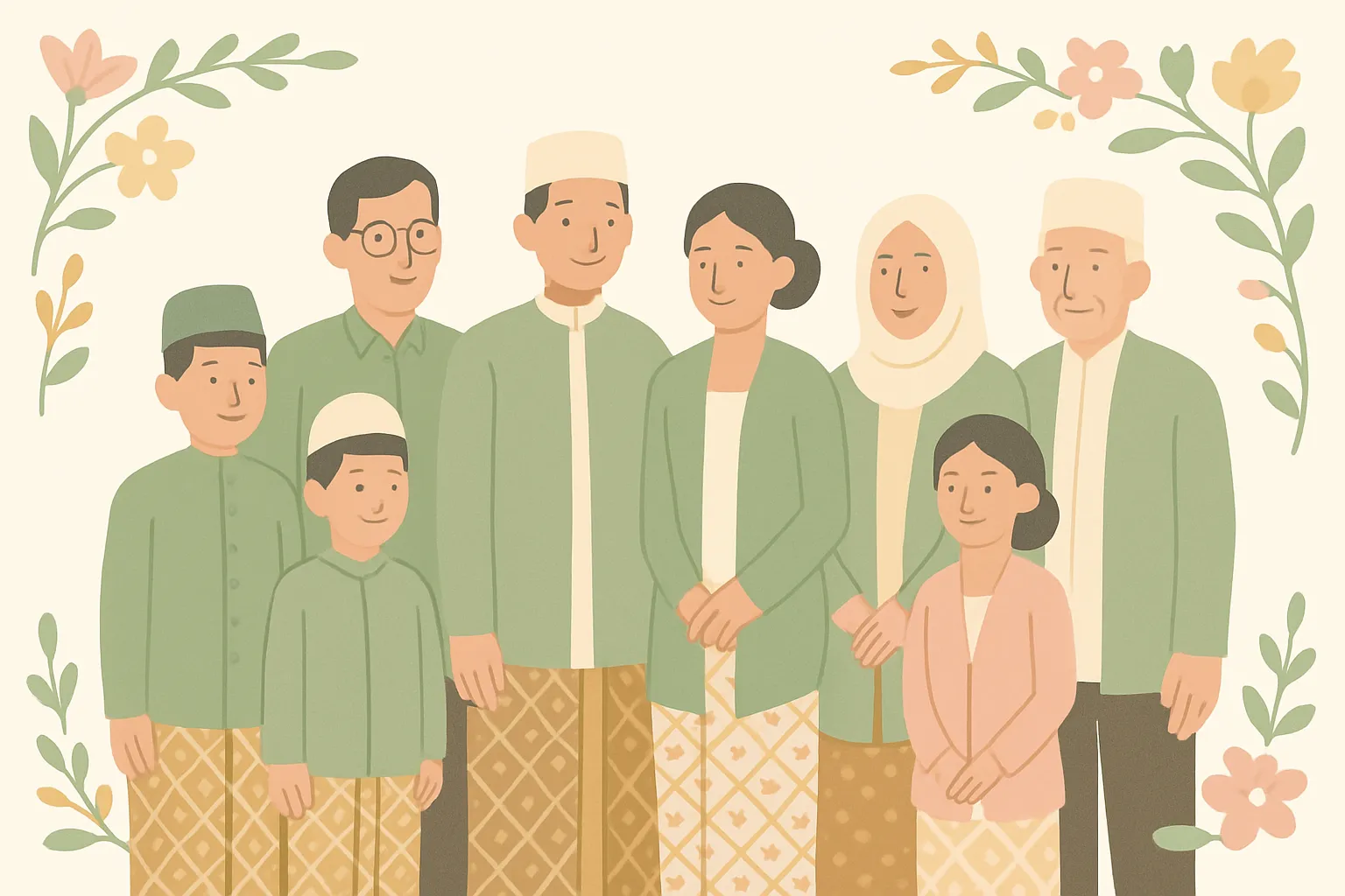 Ilustrasi keluarga besar berbusana serasi di pesta pernikahan: kebaya dan batik dengan warna senada, suasana hangat dan rapi
