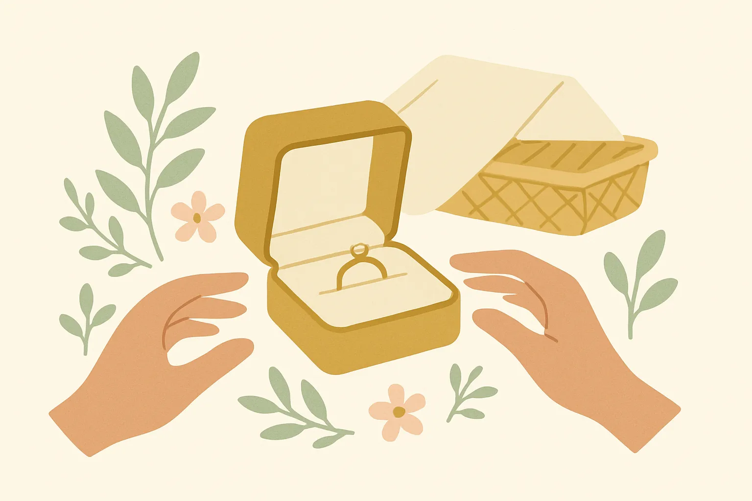 Ilustrasi kotak cincin tunangan yang terbuka di antara dua tangan, dikelilingi dedaunan dan bunga
