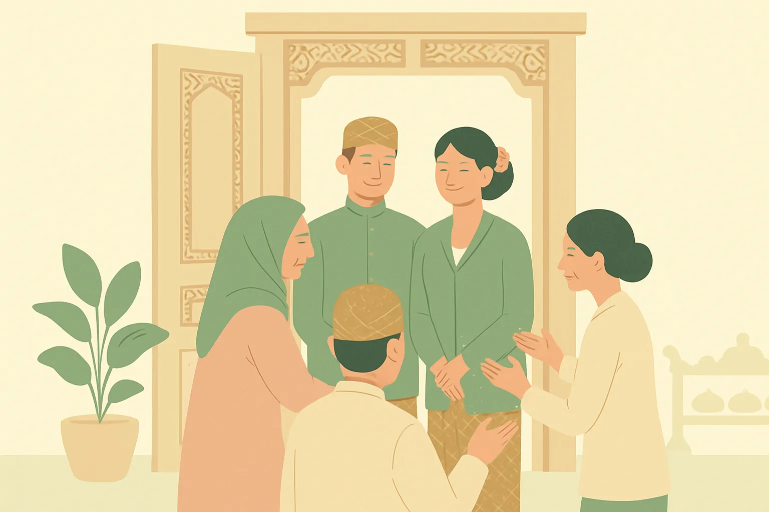 Ilustrasi pengantin disambut keluarga besar di depan pintu rumah pada acara ngunduh mantu