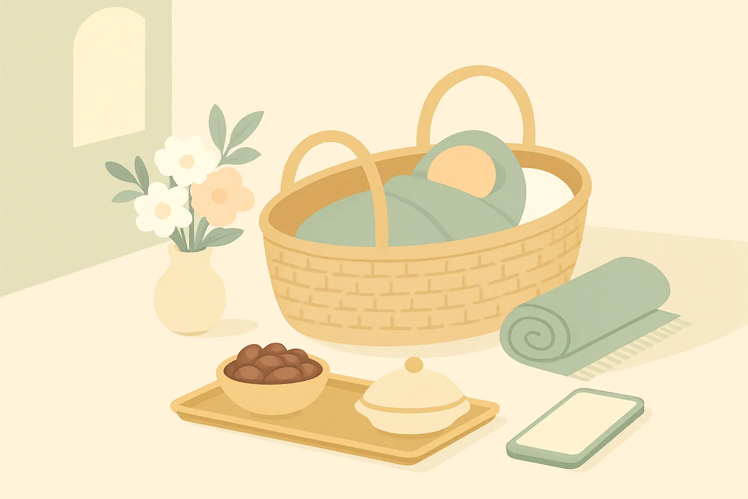 Ilustrasi suasana aqiqah di rumah dengan keranjang bayi, bunga, dan nampan kurma