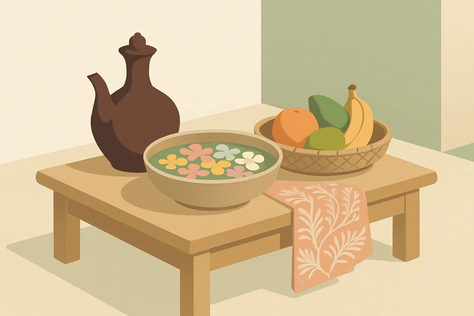 Ilustrasi suasana tasyakuran tujuh bulanan di rumah dengan bunga tujuh warna, kendi, dan nampan buah