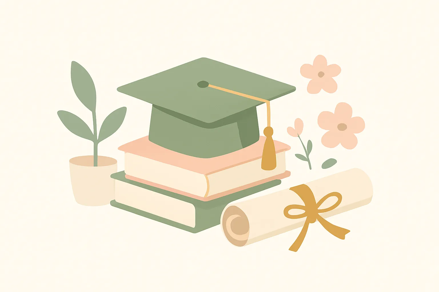 Ilustrasi toga wisuda di atas tumpukan buku dengan gulungan ijazah dan bunga pastel