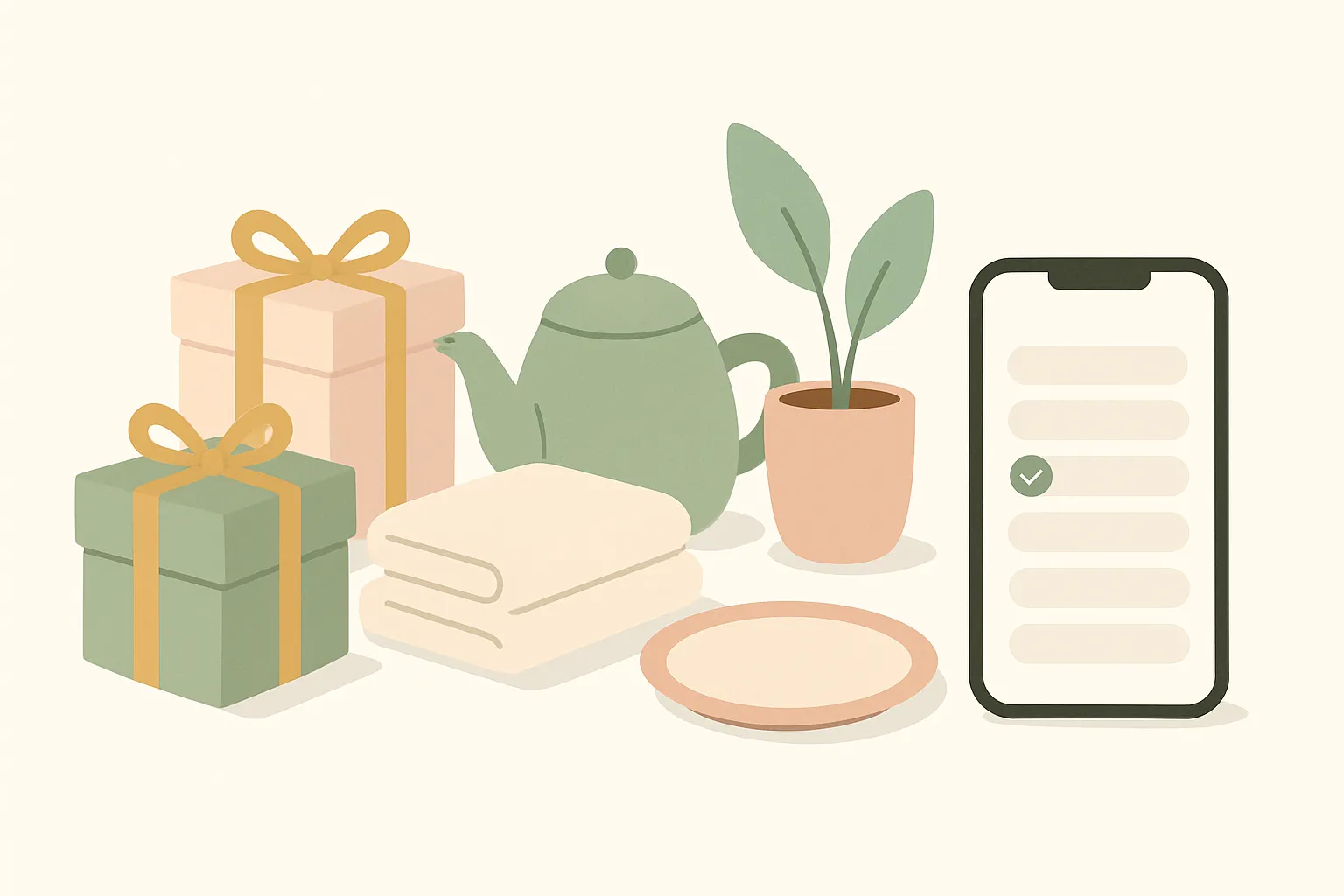 Ilustrasi wishlist kado pernikahan: kotak kado dan perabot rumah di samping daftar kado di layar ponsel
